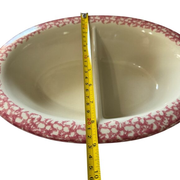 Roseville Spongeware Divided Oval Serving Dish Pink & White 12" x 9" Stoneware - Picture 6 of 8